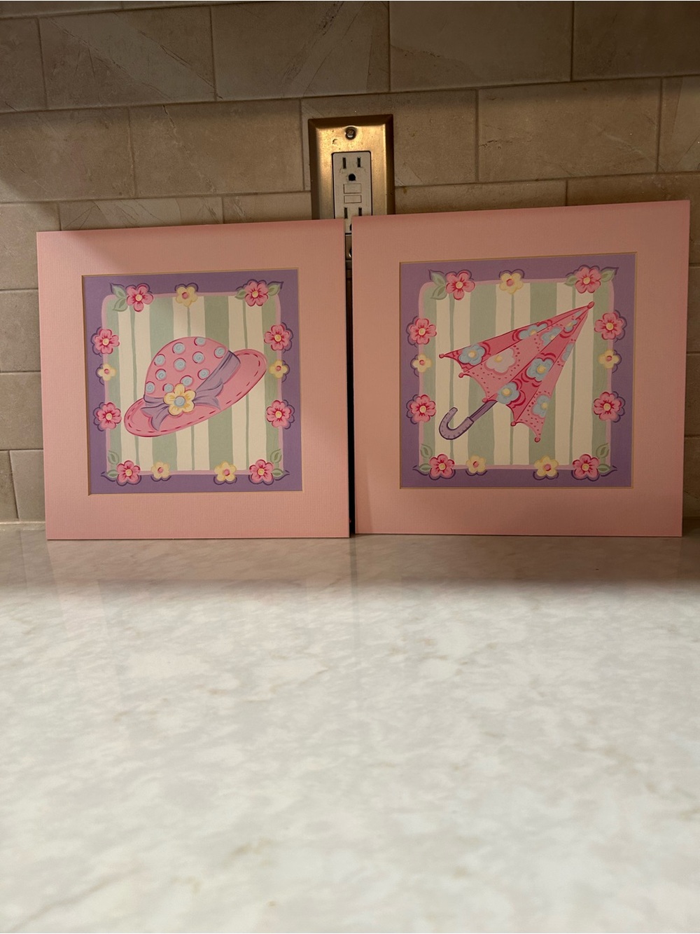 Pink Floral Hat & Umbrella Wall Art Pair
